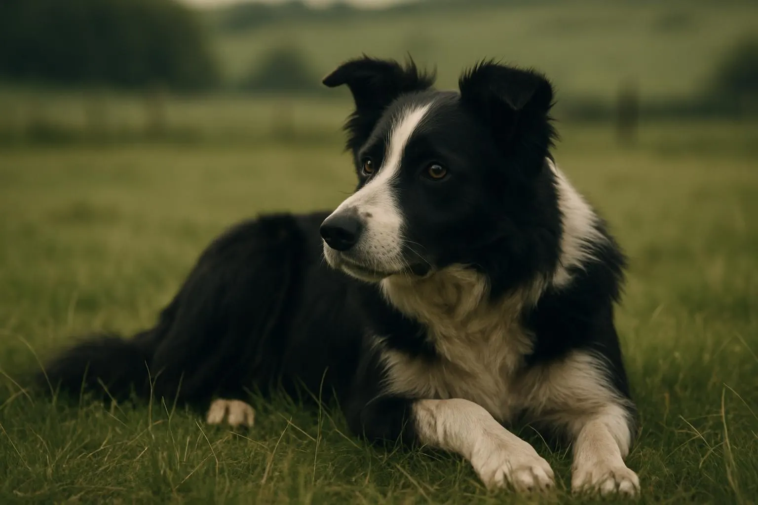 A working border collie resting in a field